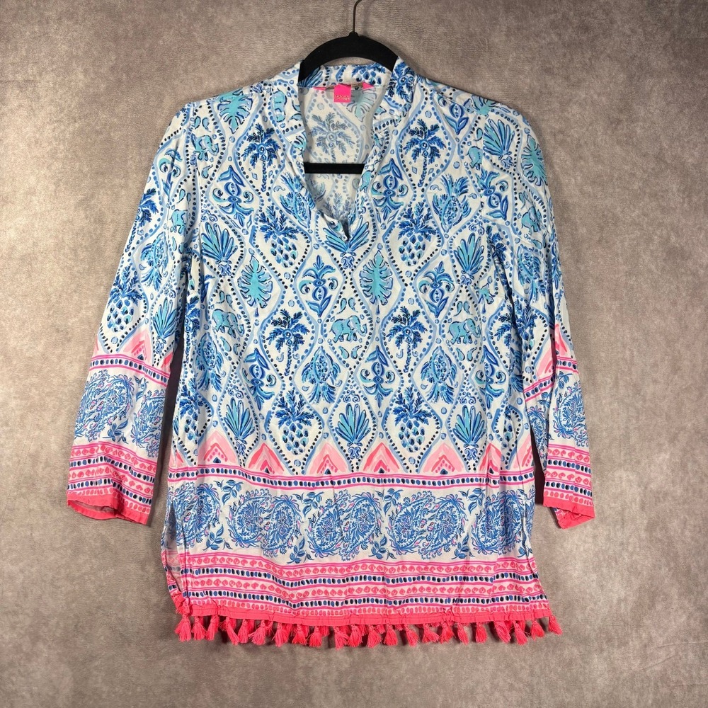 Lilly Pulitzer Isle of Tile Luna Bay Tunic Popover Top Womens 2XS Blue Resort‎